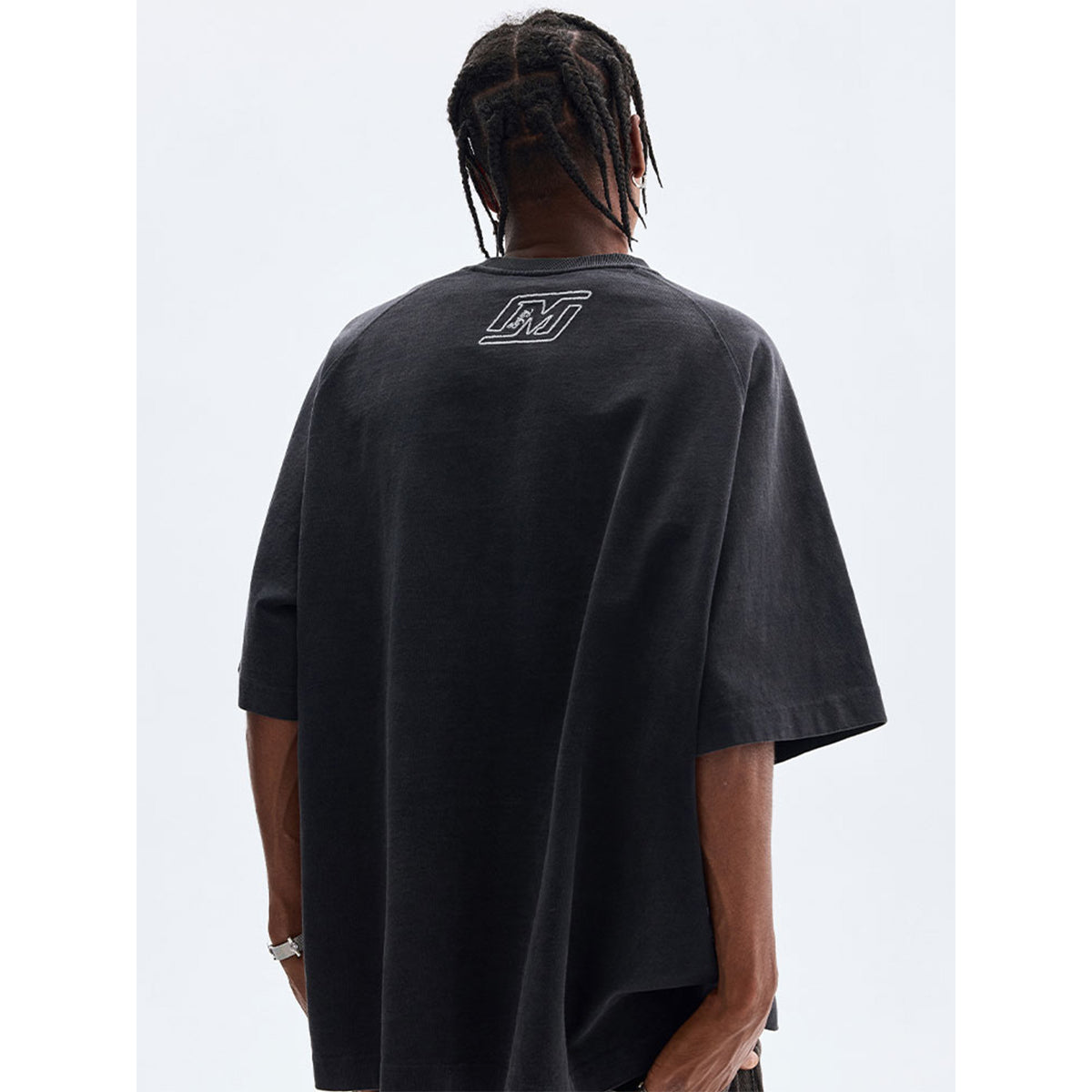 MEDM Embroidered Frayed Letter Tee Washed Black