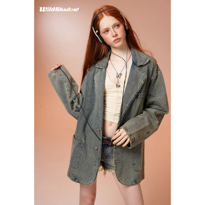 Wildshodow Metal Bow-Knot Washed Denim Jacket