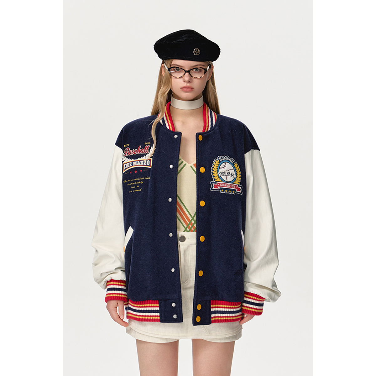 13De Marzo Color Blocked Bear Baseball Jacket Navy Blue