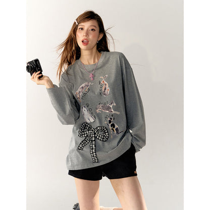 AsGony 3D Bow Knot Cartoon Casual L/S T-Shirt Gray