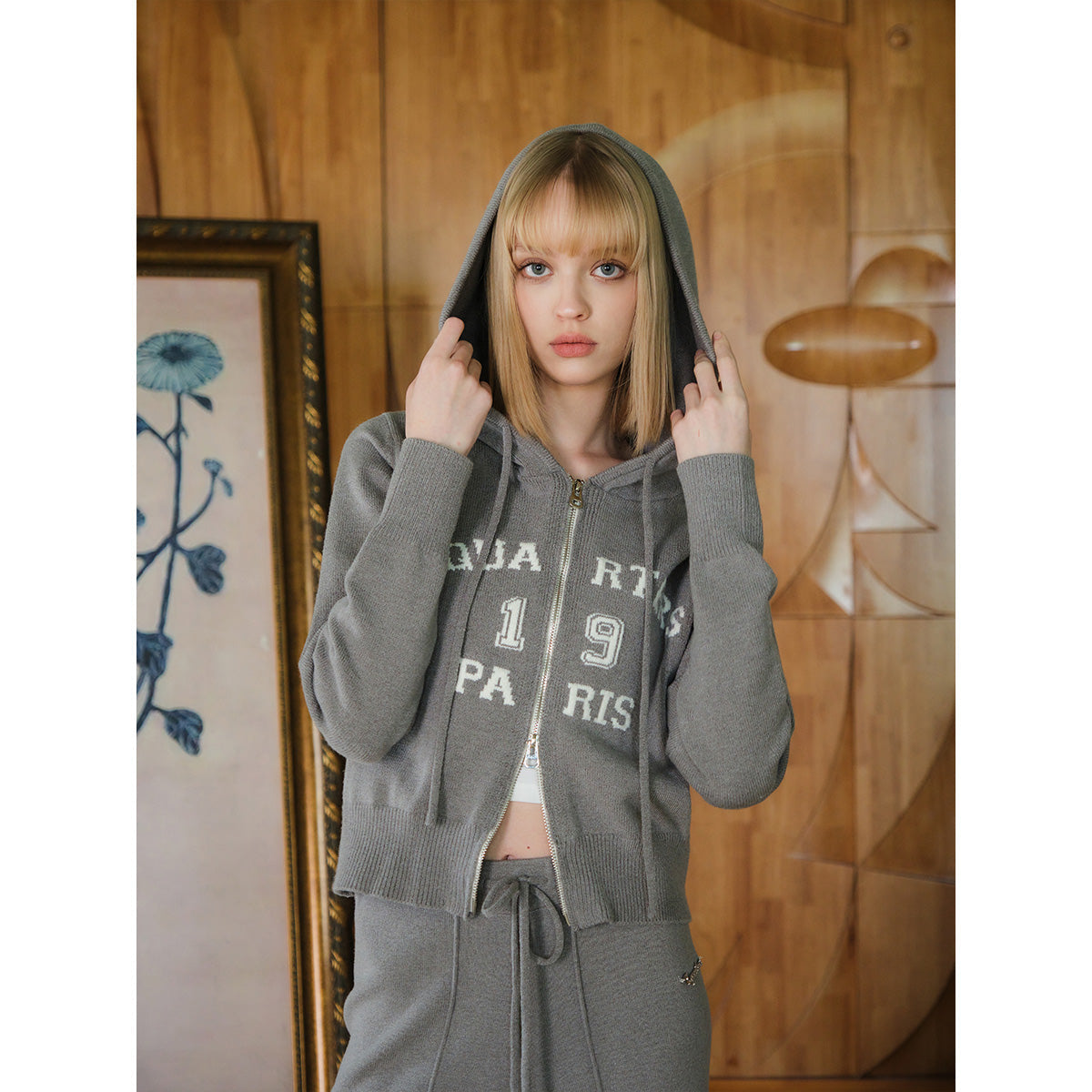 Three Quarters Letter Embroidery Hooded Jacket Grey