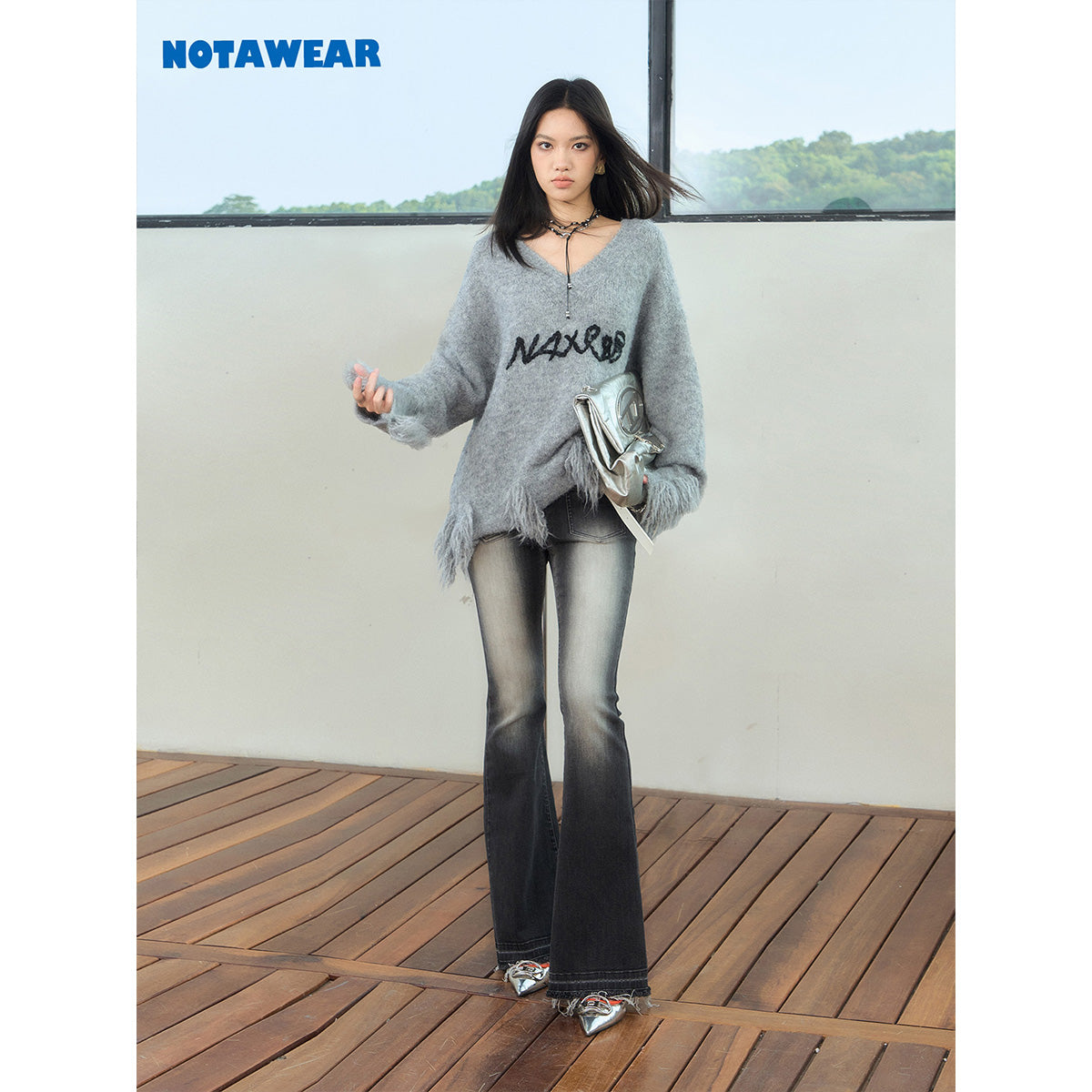 NotAwear Crochet Destroy V-Neck Oversized Woolen Sweater