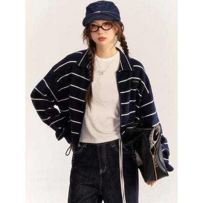 AsGony Contrast Color Drawstring Polo Knit Cardigan Navy Blue