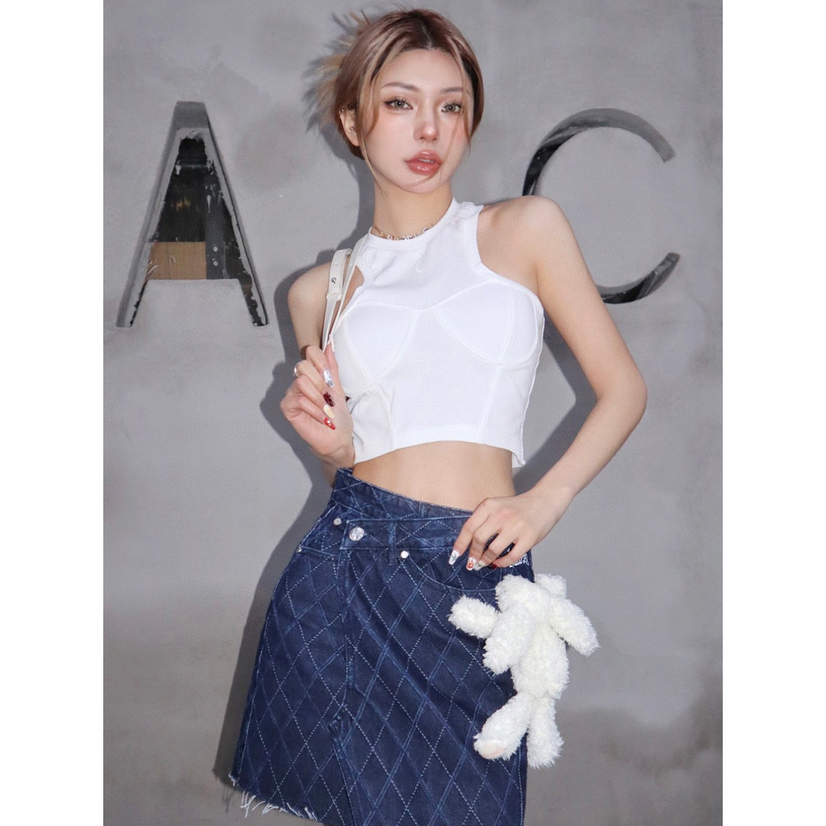 13De Marzo Bear Diamond Check Denim Skirt Blue