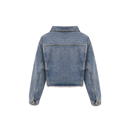 Kroche Destroy Logo Embroidery Short Denim Jacket Blue