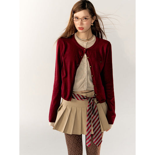 AsGony Contrast Color Fake-2-Piece Knit Cardigan Red