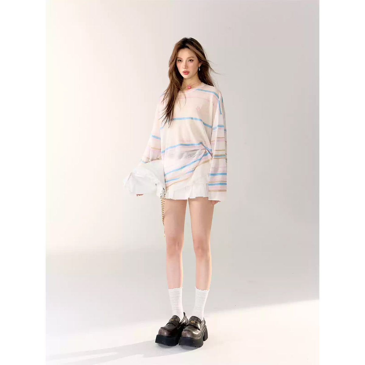 AsGony 3D Colorful Striped Casual L/S T-Shirt