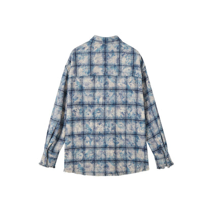 SomeSowe Tie-Dye Tassel Plaid Loose Shirt Blue