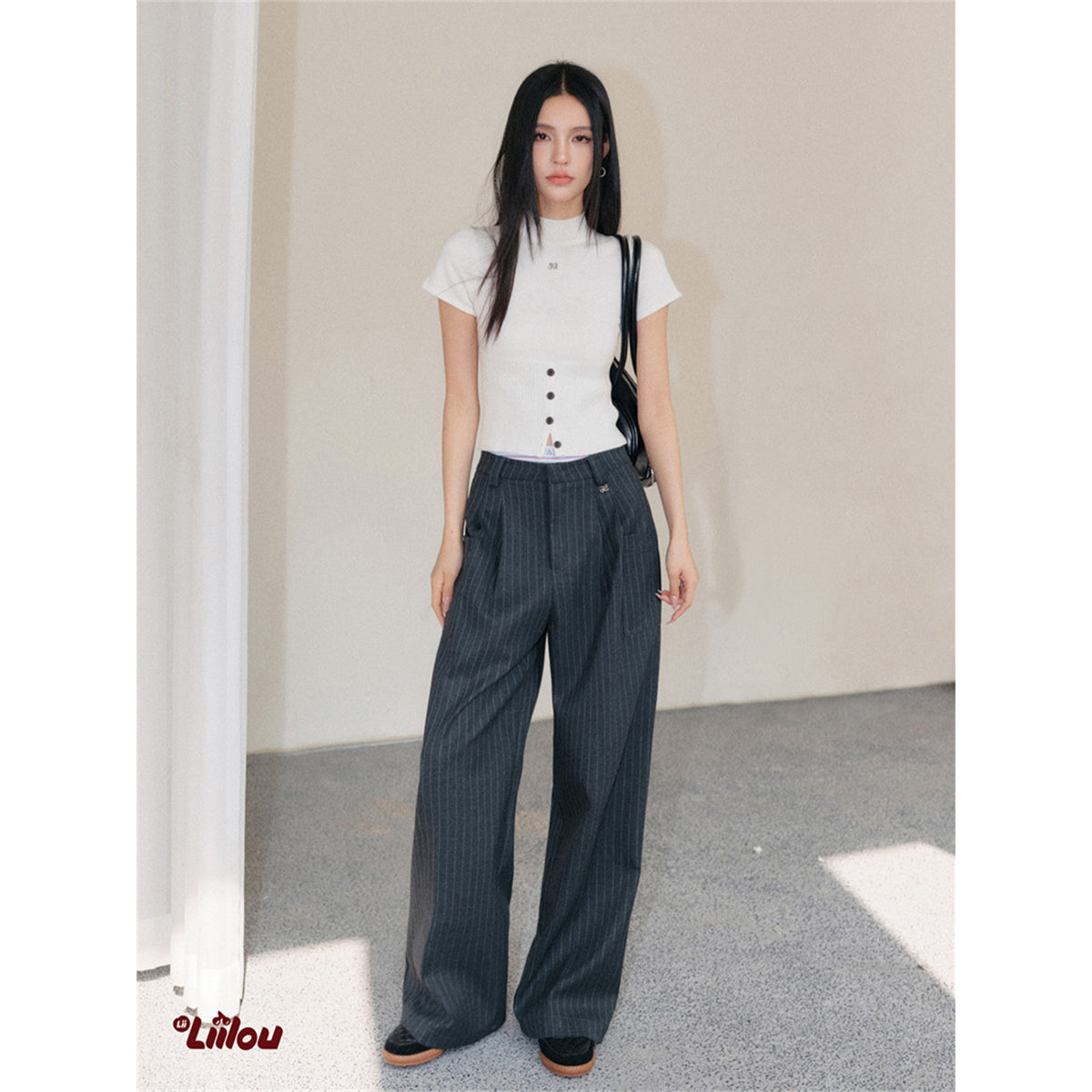 Liilou Striped High Waist Wide Leg Suit Pants Dark Grey