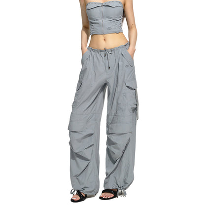 NAWS Drawstring Pocket Straight-Leg Cargo Pants Gray