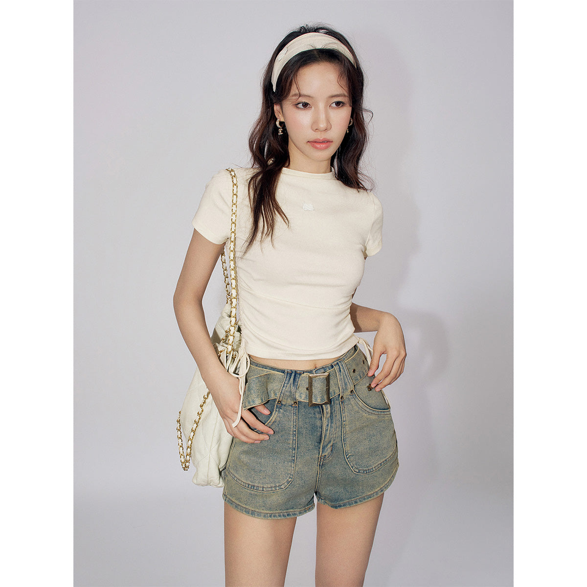 Liilou A-Line Belt Washed Denim Shorts