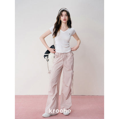 Kroche Lace Patchwork Bow Lace Up Cargo Pants Pink