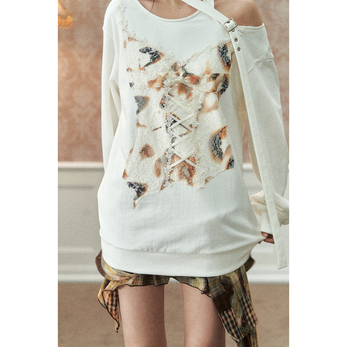 Via Pitti Special Lace Patchwork Off Shoulder Sweater White