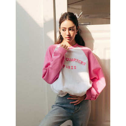 Three Quarters Rhinestone Printed Crew Neck Sweater Pink