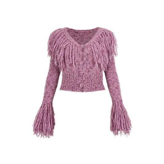 Via Pitti Heavy Tassel Knit Cardigan Purple