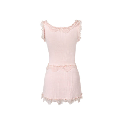 MeliMosa Lace Knit Sleeveless Vest And Skirt Set Pink