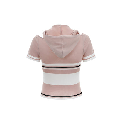 Via Pitti Color Blocked Short Sleeve Hooded Top Pink