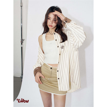 Liilou Suede Patchwork Striped Casual Shirt