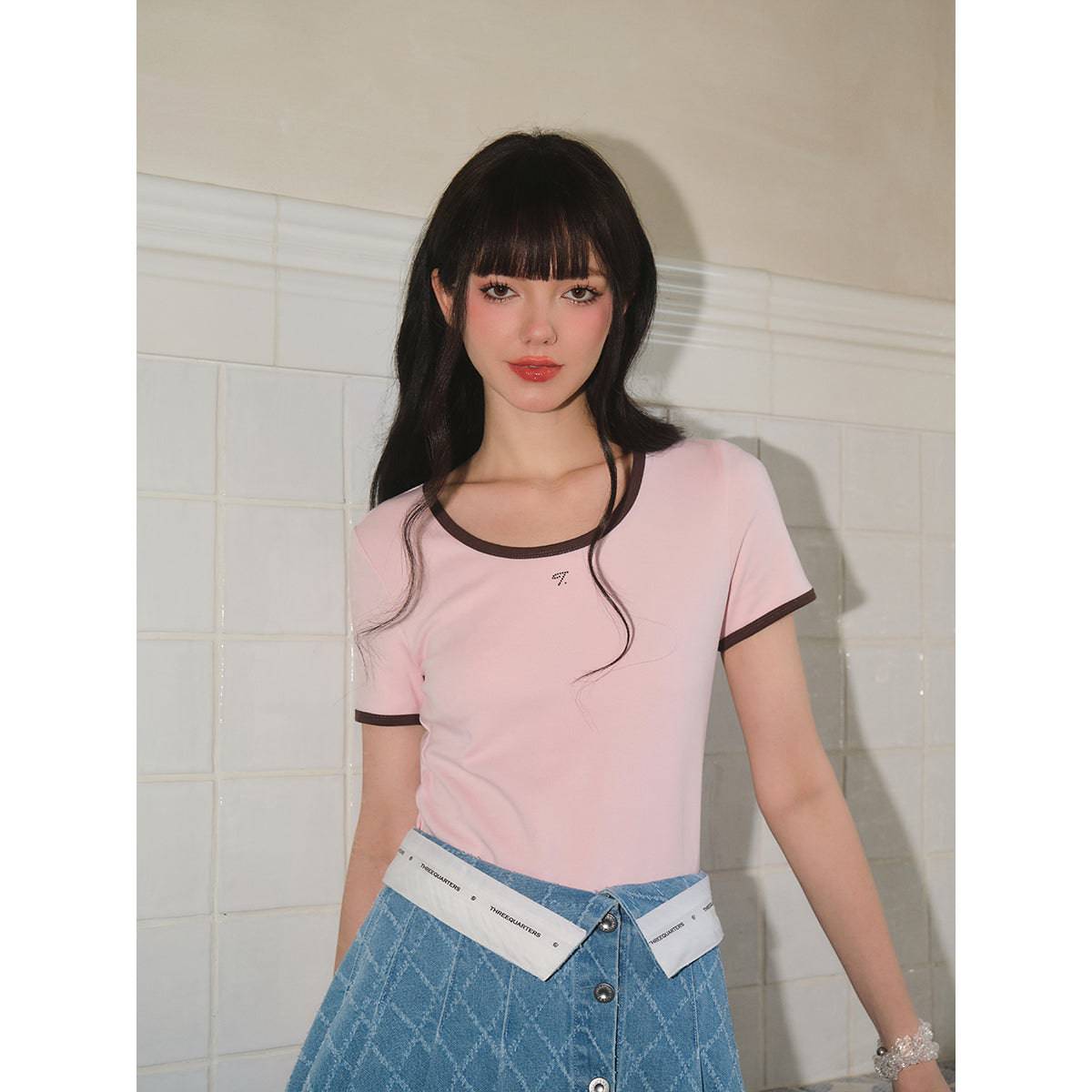 Three Quarters Colour Blocked Hotfix Rhinestone Top Pink