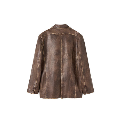 Via Pitti Distressed Heavy Washed Leather Jacket Brown