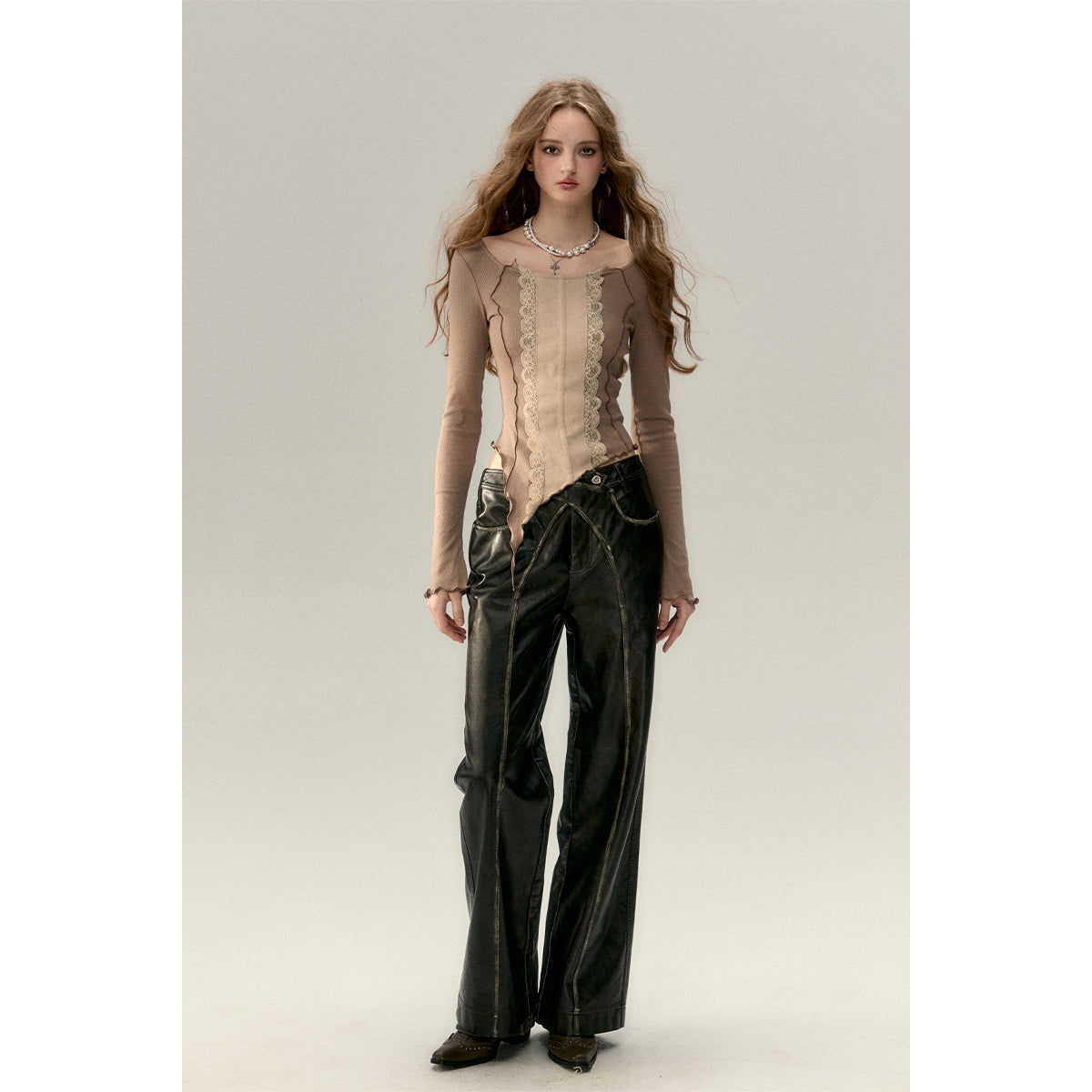 Via Pitti Cross Waist Distressed Leather Pants Black