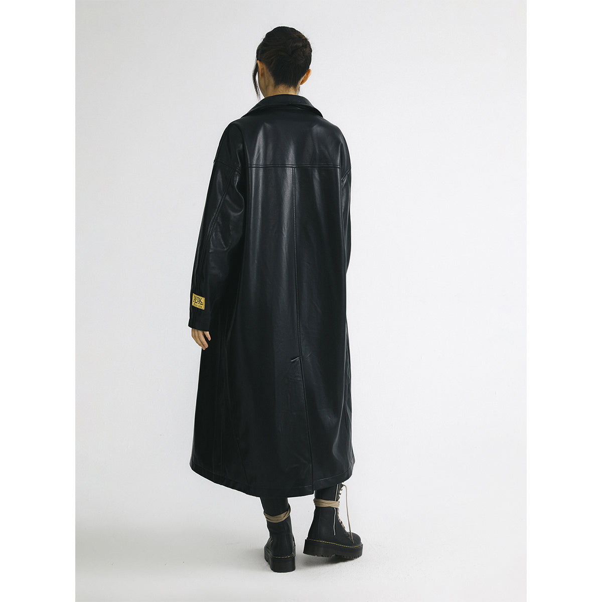 IFIK Oversized Zipper Leather Hooded Coat Black