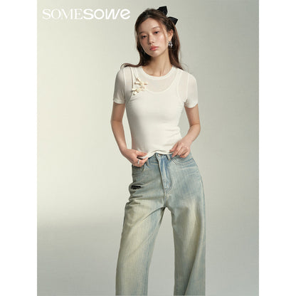 SomeSowe Fake-2-Piece Bow Tie Slim Top White