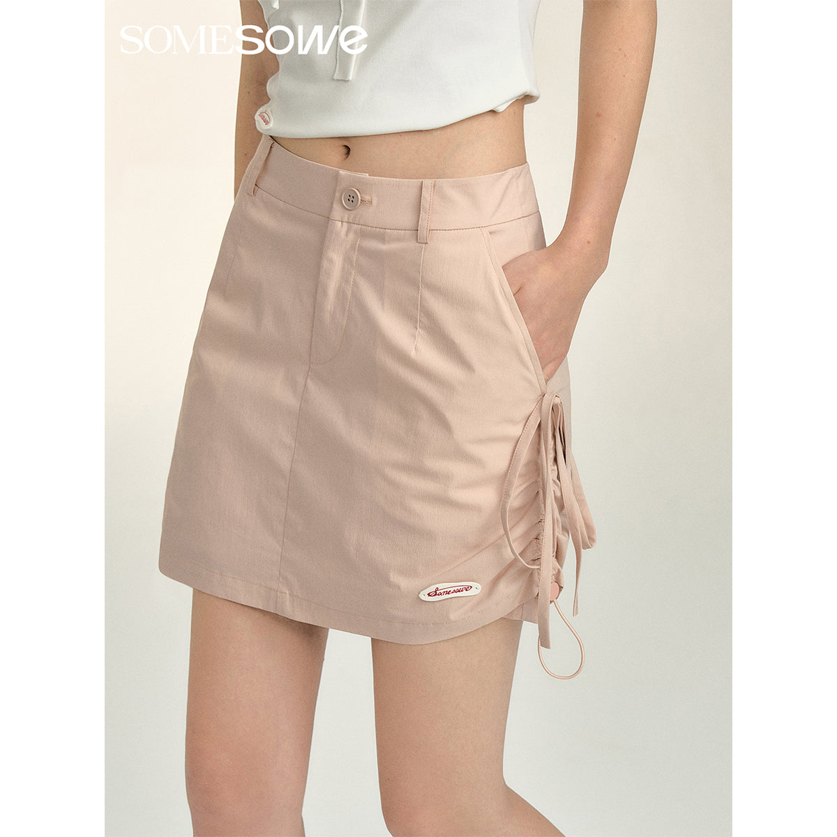 SomeSowe Bow Drawstring Cargo Skirt Pink