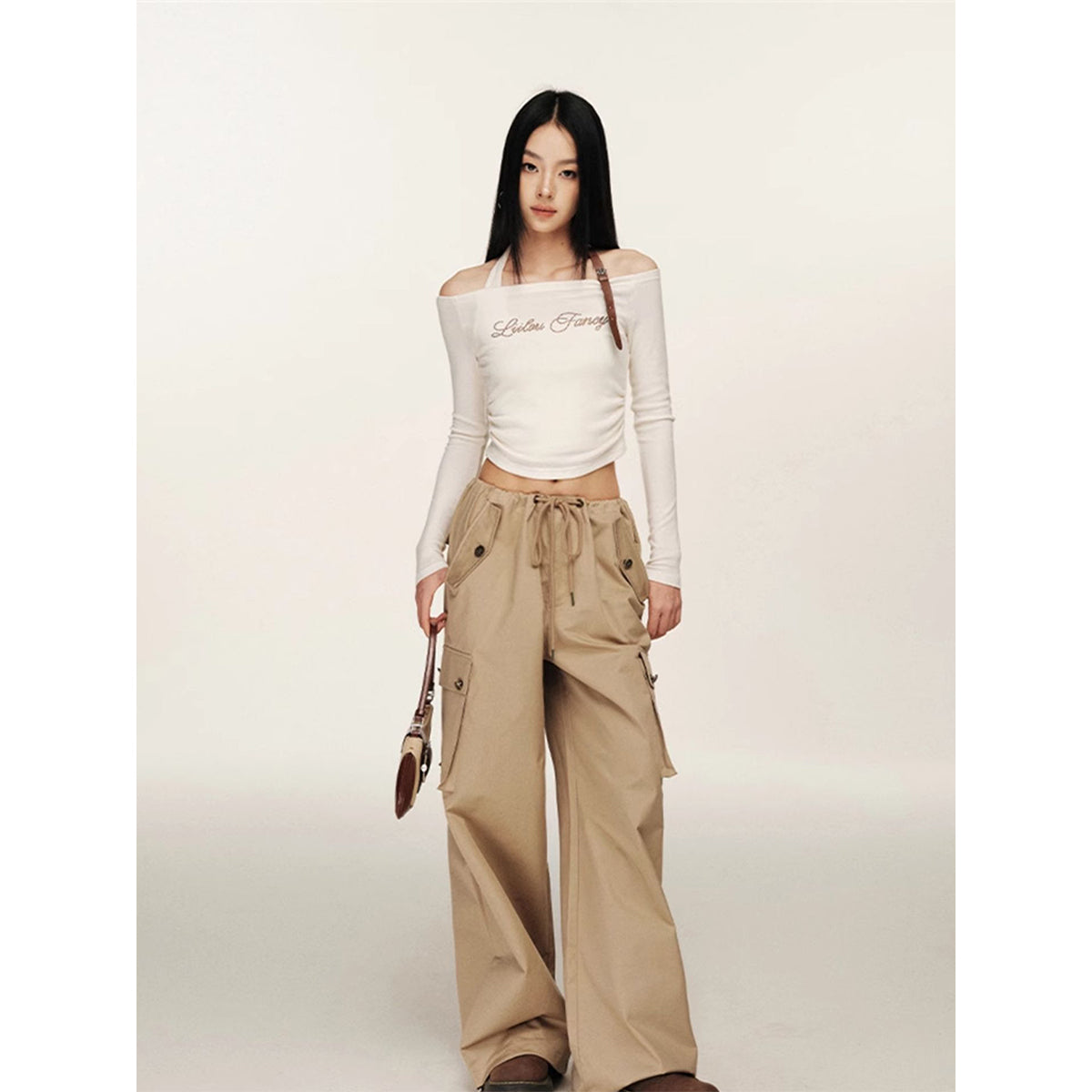 Liilou Vintage Pocket Drawstring Straight-Leg Cargo Pants