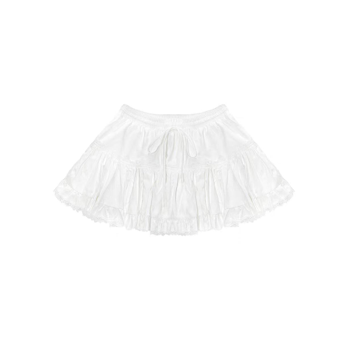 AsGony Retro Lace Edge Elastic-Waist Puffy Skirt White