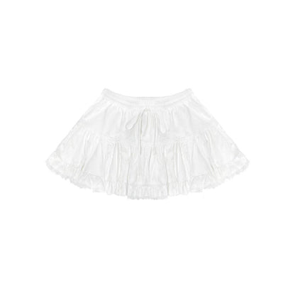 AsGony Retro Lace Edge Elastic-Waist Puffy Skirt White