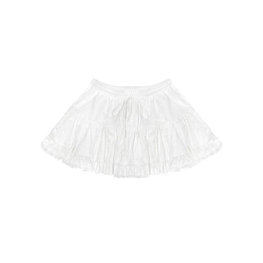 AsGony Retro Lace Edge Elastic-Waist Puffy Skirt White