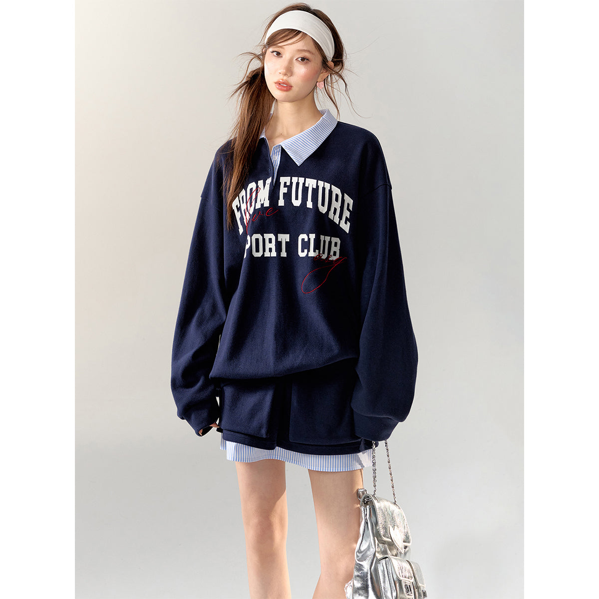 AsGony Retro Irregular Fake-2-Piece Sweater Blue