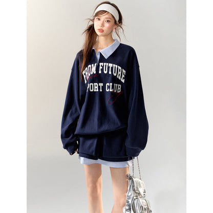 AsGony Retro Irregular Fake-2-Piece Sweater Blue