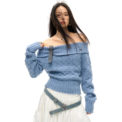 NotAwear Detachable Belt Off-Shoulder Knit Top Blue