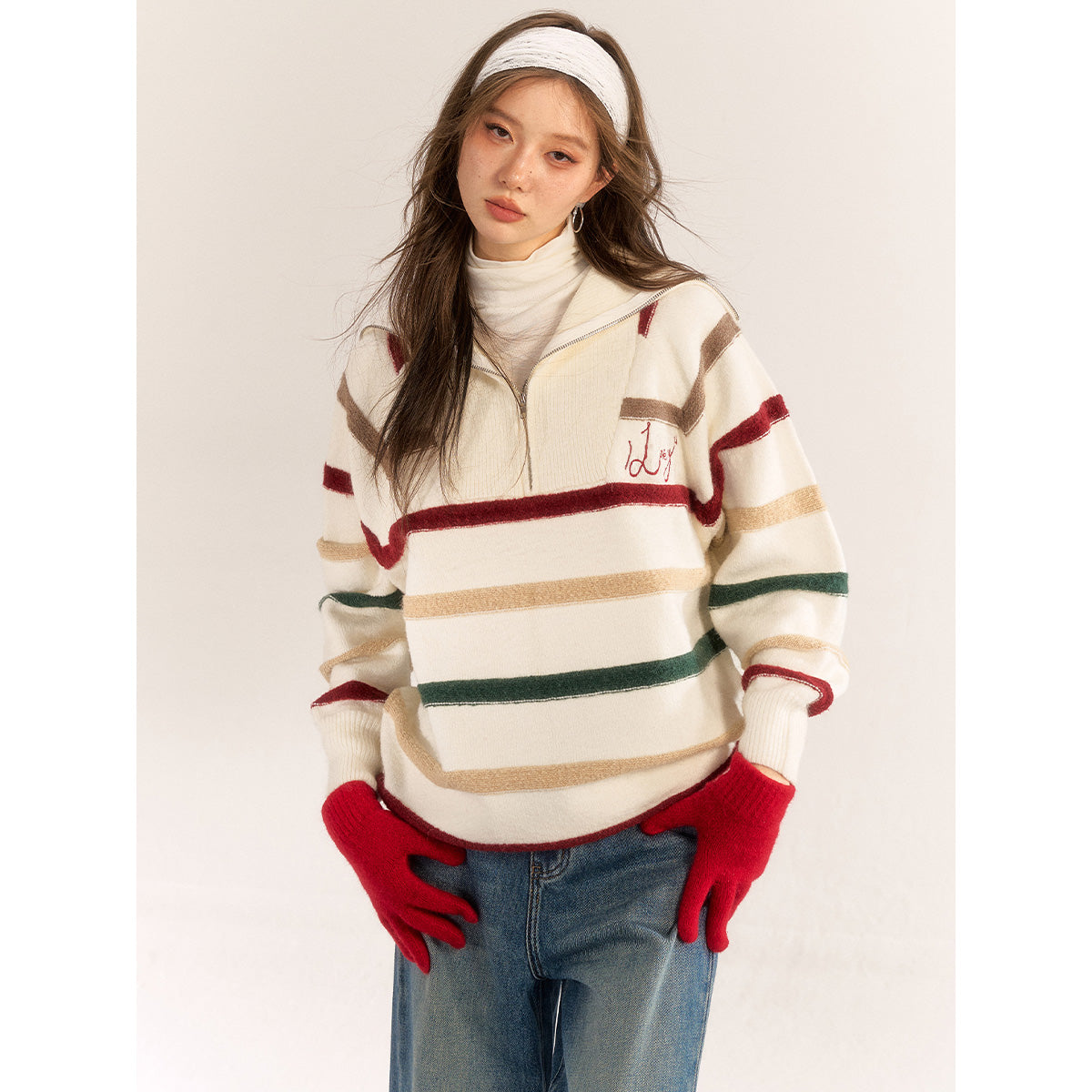 AsGony Contrast Color Striped Half-Zipped Woolen Knit Top