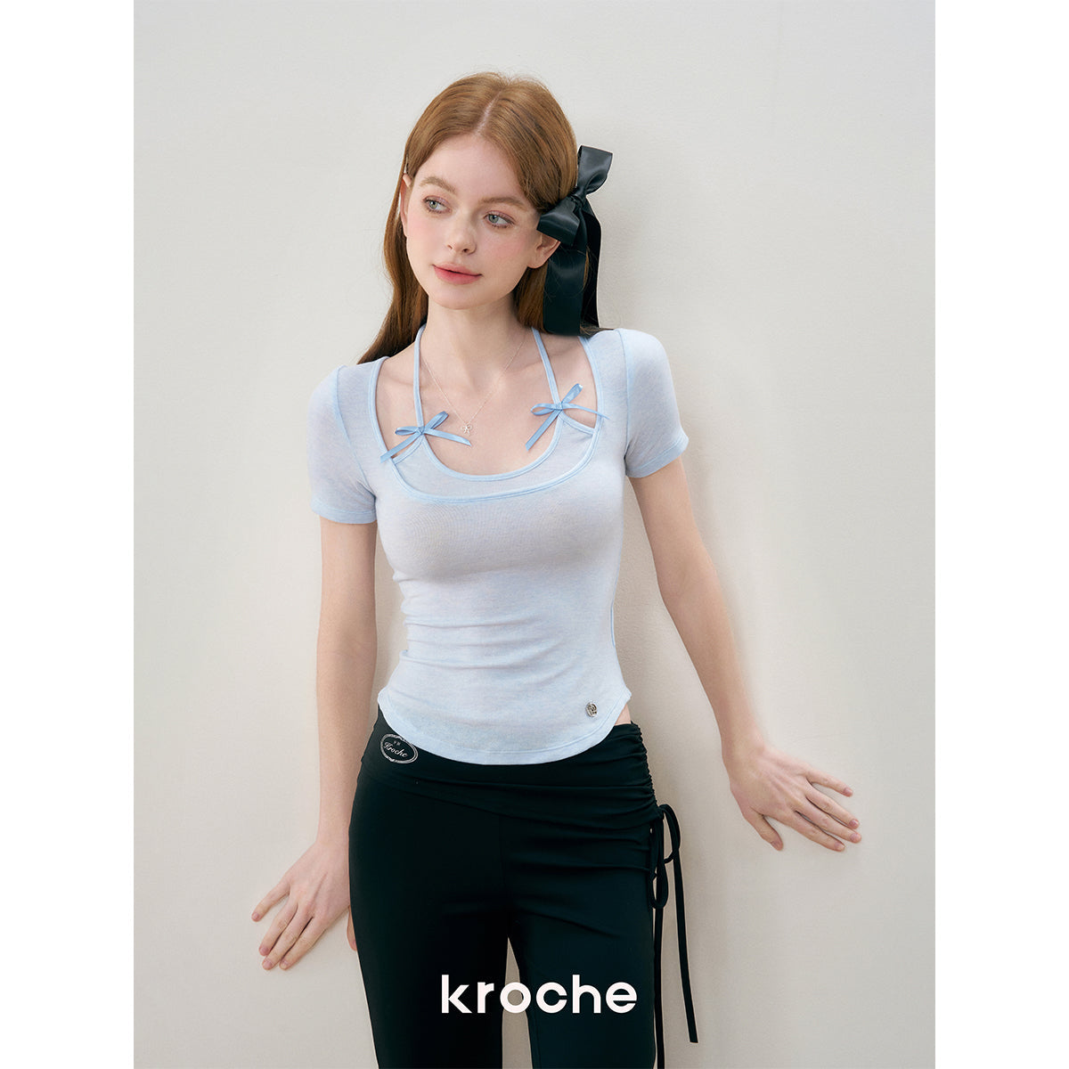 Kroche Fake-2-Piece Halter Bow Short Sleeve Tee Blue