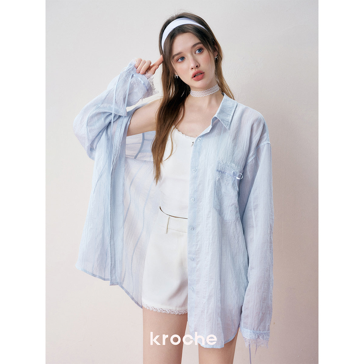 Kroche Lace Patchwork Ribbon Striped Shirt Blue