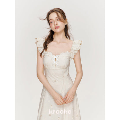 Kroche Hollow Out Embroidered Lace Long Dress Beige