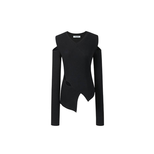 Three Quarters Hollow Cut Out Irregular Long Sleeve Top Black