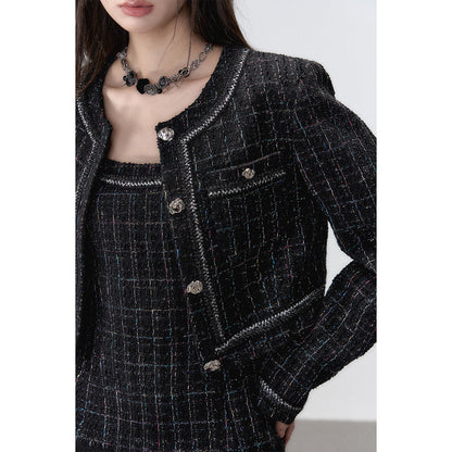 Via Pitti Jacquard Metal Button Tweed Jacket Black