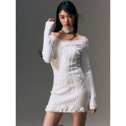 AGAM Cross Off-Shoulder Rose Collar Knit Dress White