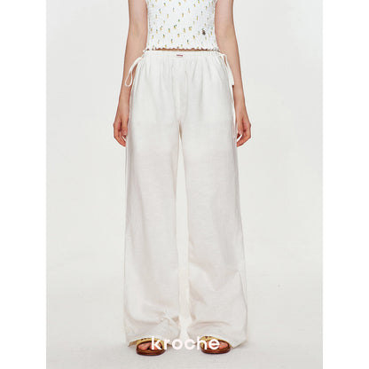 Kroche Drawstring Linen Wide-Leg Pants White