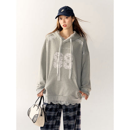 AsGony Lace Edge Drawstring Hoodie Gray