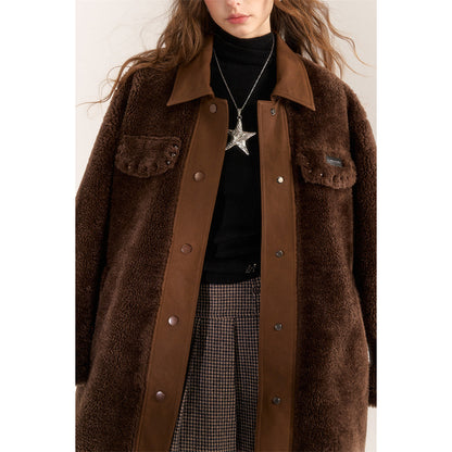 AsGony Fake-2-Piece Denim Patchwork Fleece Long Coat Brown