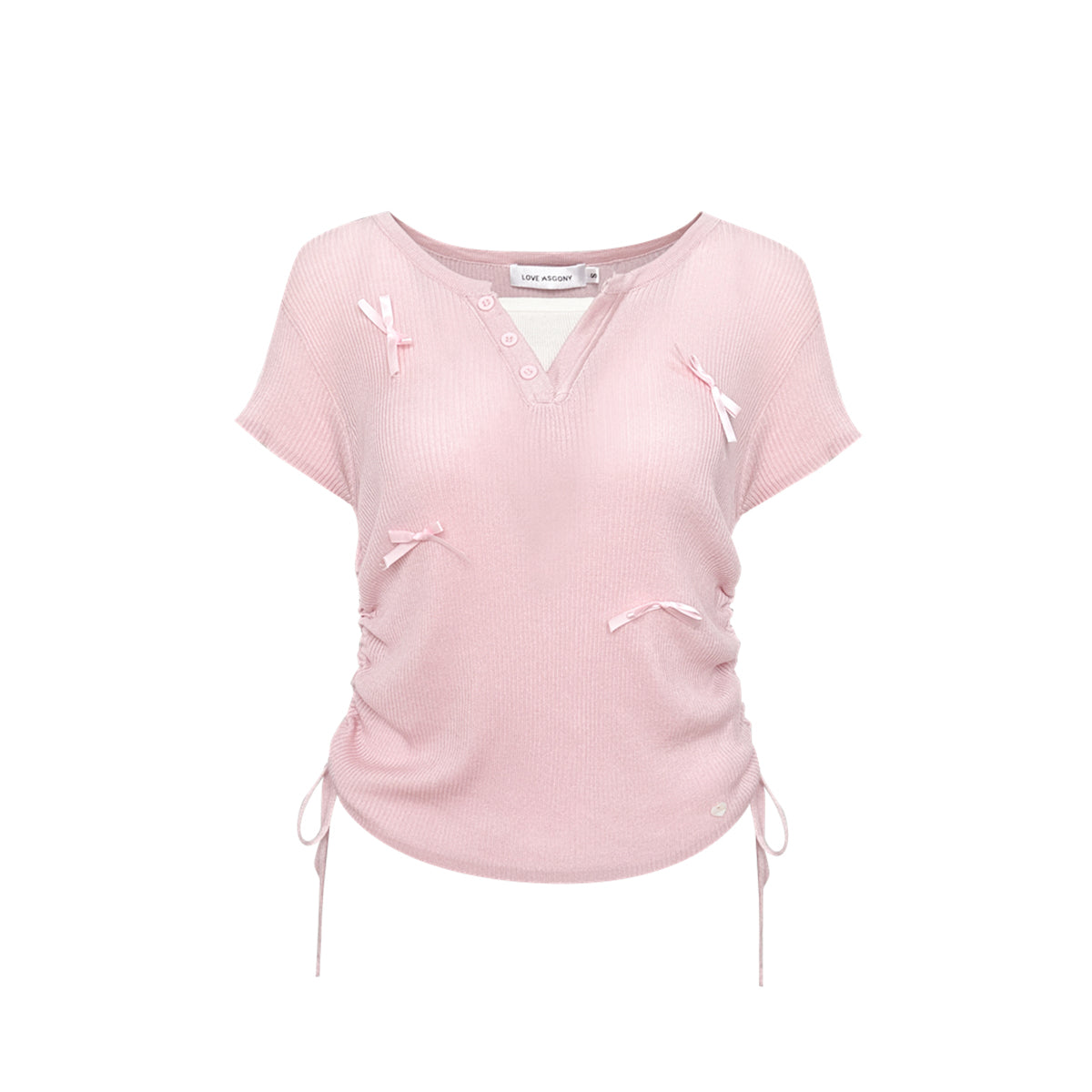 AsGony Fake-2-Piece Bow Tie Drawstring Knit Top Pink