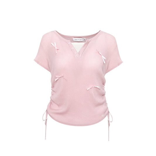 AsGony Fake-2-Piece Bow Tie Drawstring Knit Top Pink