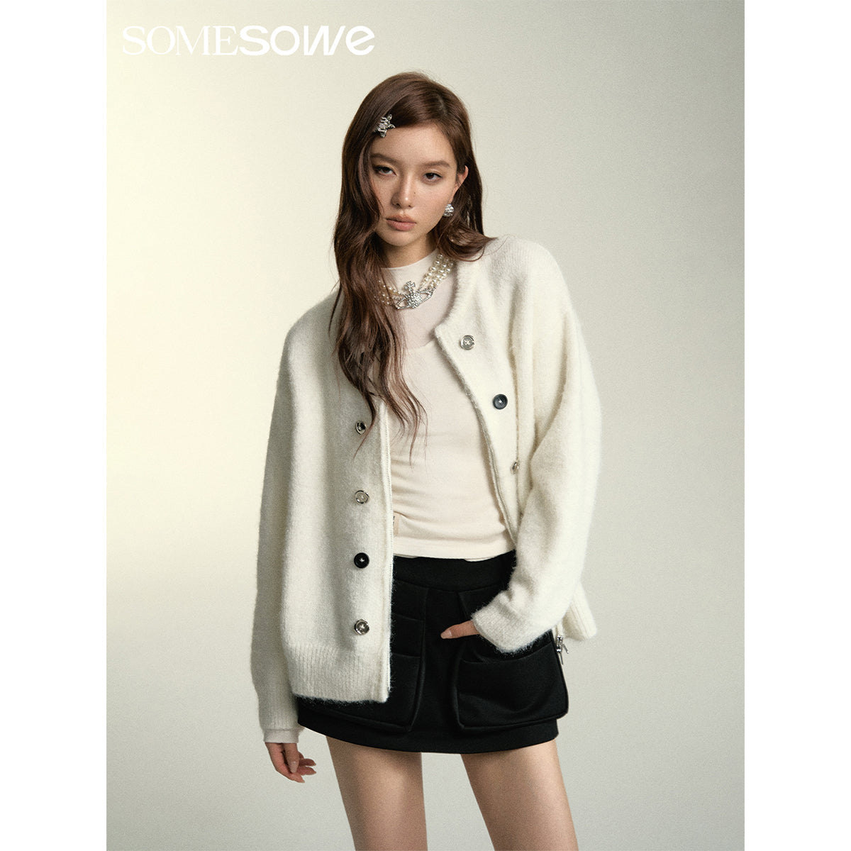 SomeSowe Double Breasted Zipper Cardigan White