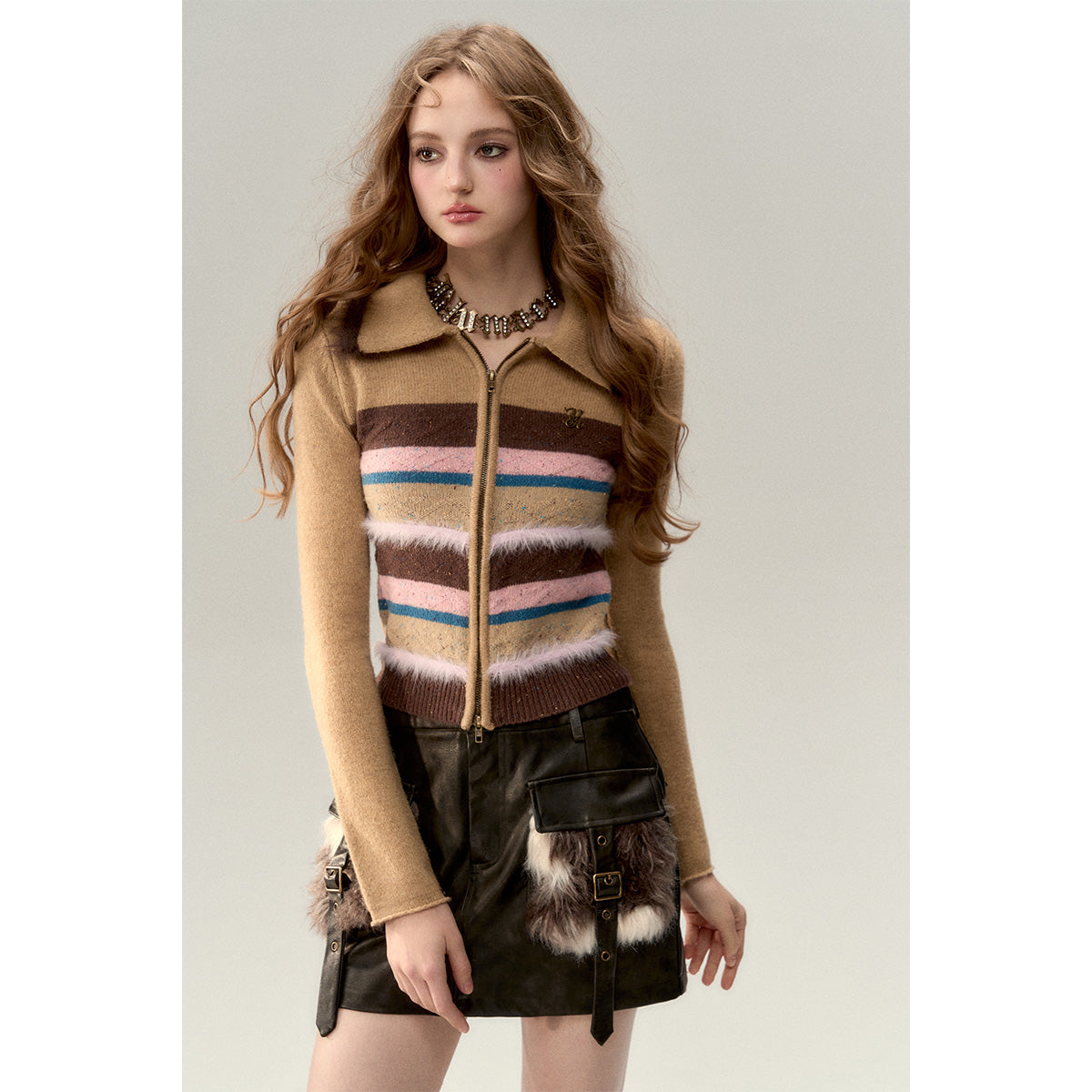 Via Pitti Fluffy Colour Striped Zip Up Woollen Top Camel