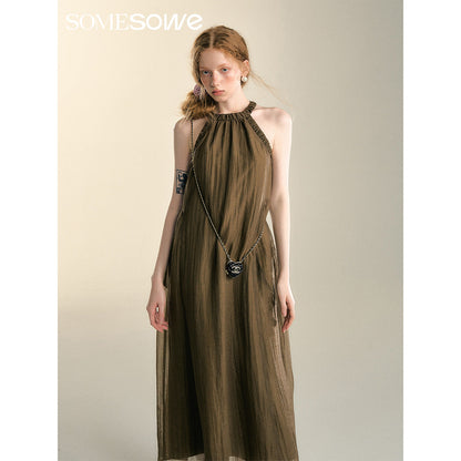 SomeSowe Pleated Texture Halter Dress Brown